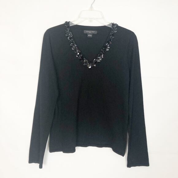 August Silk Blend V-Neck Long Sleeve Black Knit Sweater Size L - Picture 1 of 10
